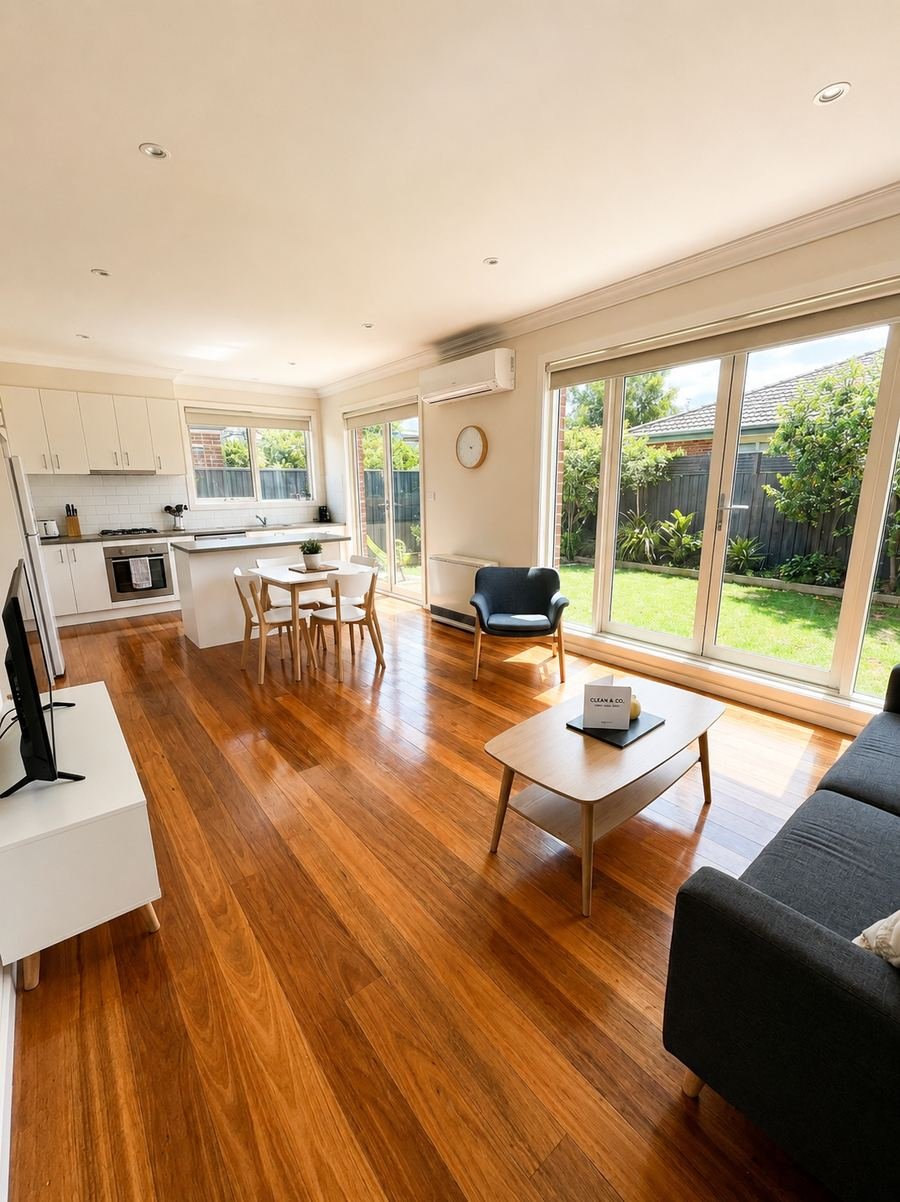 Bright, freshly cleaned living room and kitchen